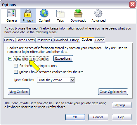 Check the box for 'Allow sites to set Cookies' Check the box for 'Allow sites to set Cookies'