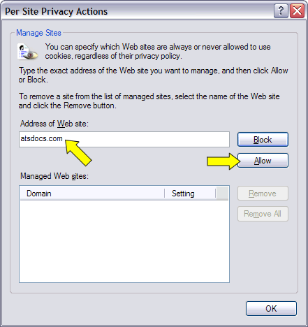 Type atsdocs.com and click Allow